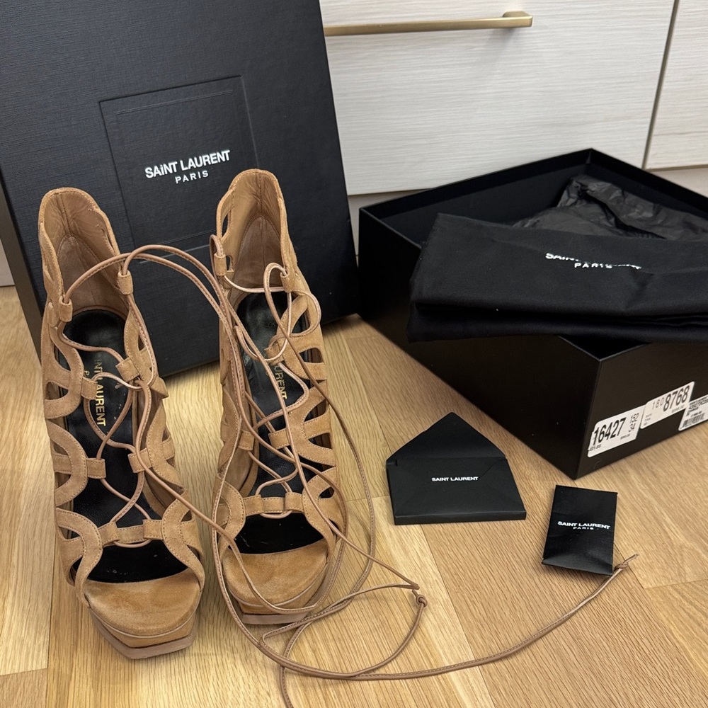 Saint Laurent Tribute 105mm Lace-Up Heels – Chamois Suede – Size 38